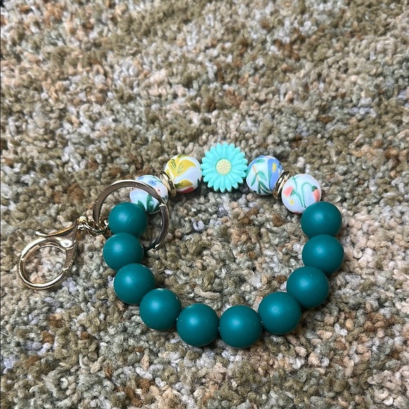 Wildflower Teal Green & White Keychain Bracelet Wristlet Silicone Beaded Gold - Picture 4 of 4